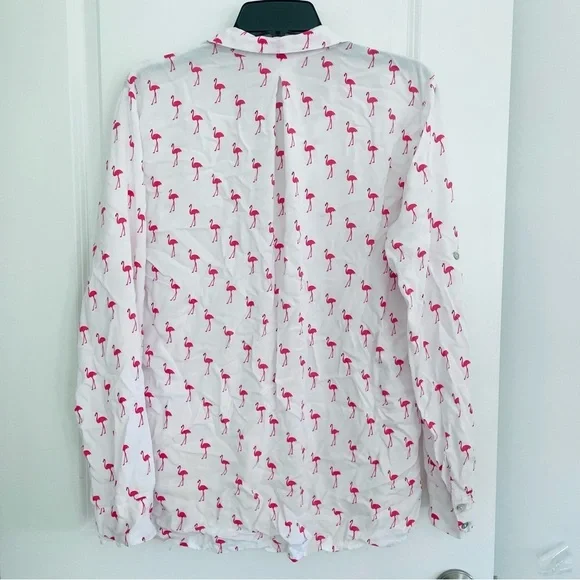 Just Living Flamingo Print Button Down Top Pink White Size L - Picture 12 of 15